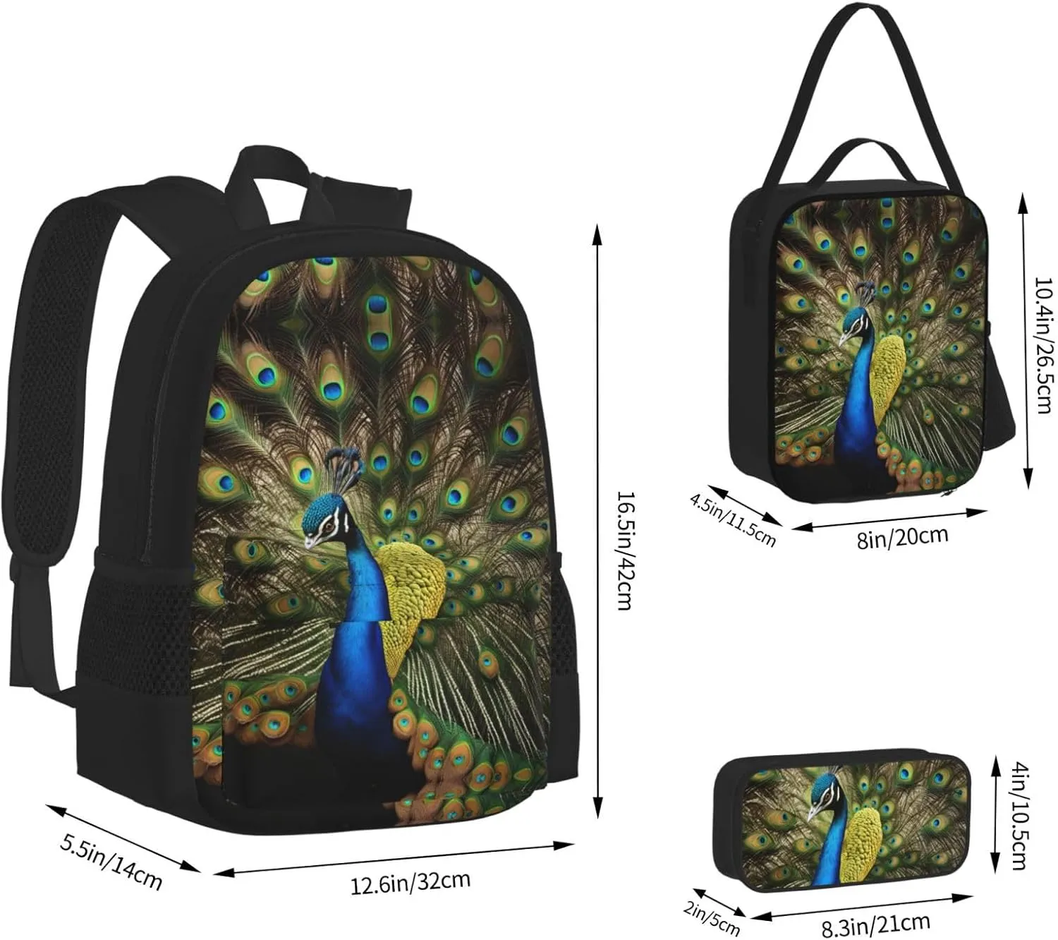 3-In-1 Backpack Bookbag Set,Peacock Feather Print Casual Travel Backpacks,With Pencil Case Pouch, Lunch Bag