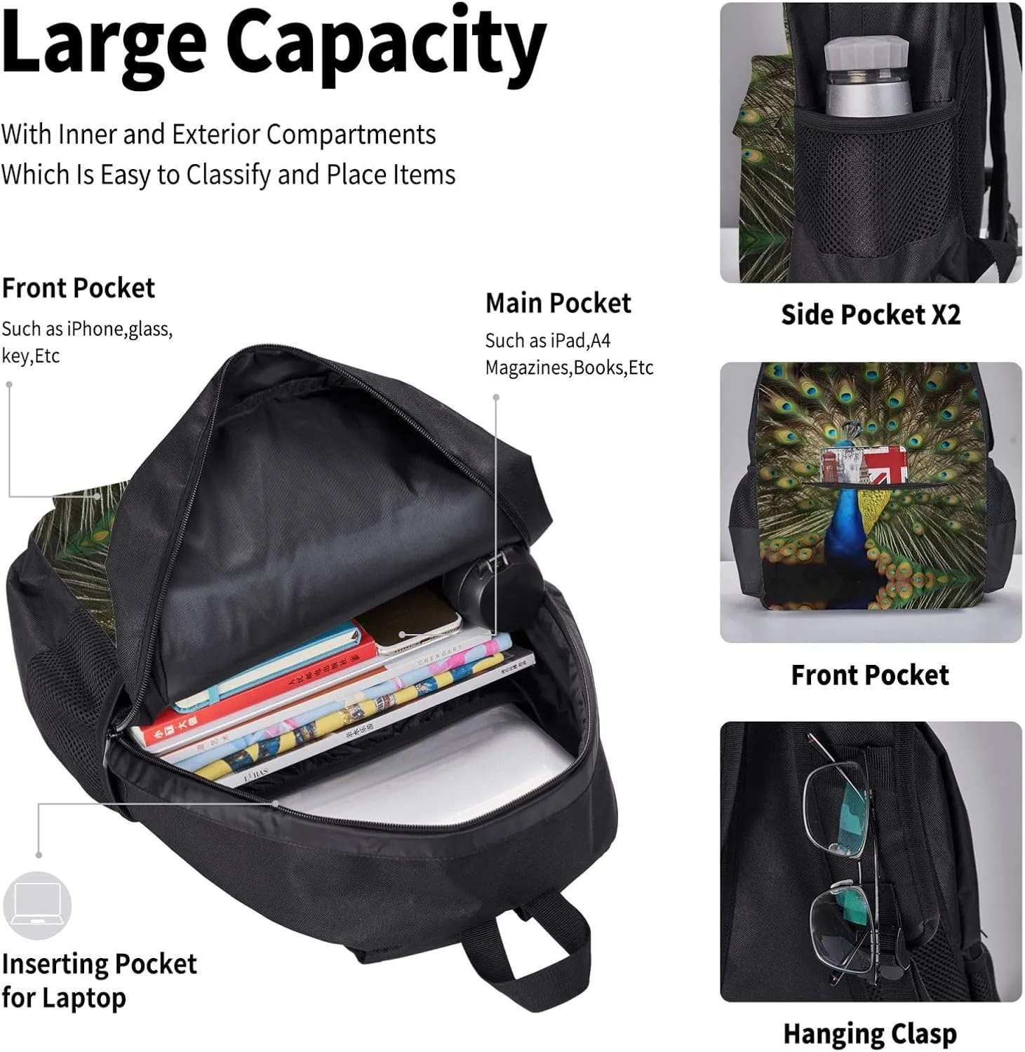 3-In-1 Backpack Bookbag Set,Peacock Feather Print Casual Travel Backpacks,With Pencil Case Pouch, Lunch Bag
