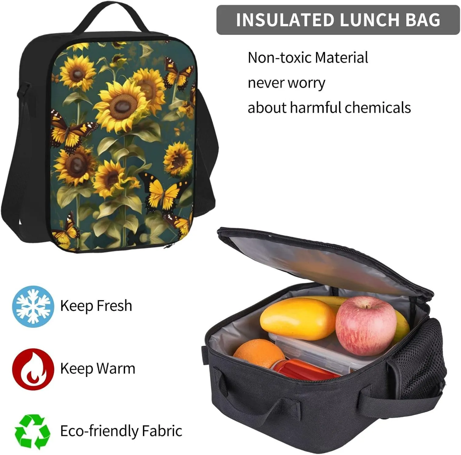 3-In-1 Backpack Bookbag Set,Sunflower Floral Butterflies Print Casual Travel Backpacks,With Pencil Case Pouch, Lunch Bag