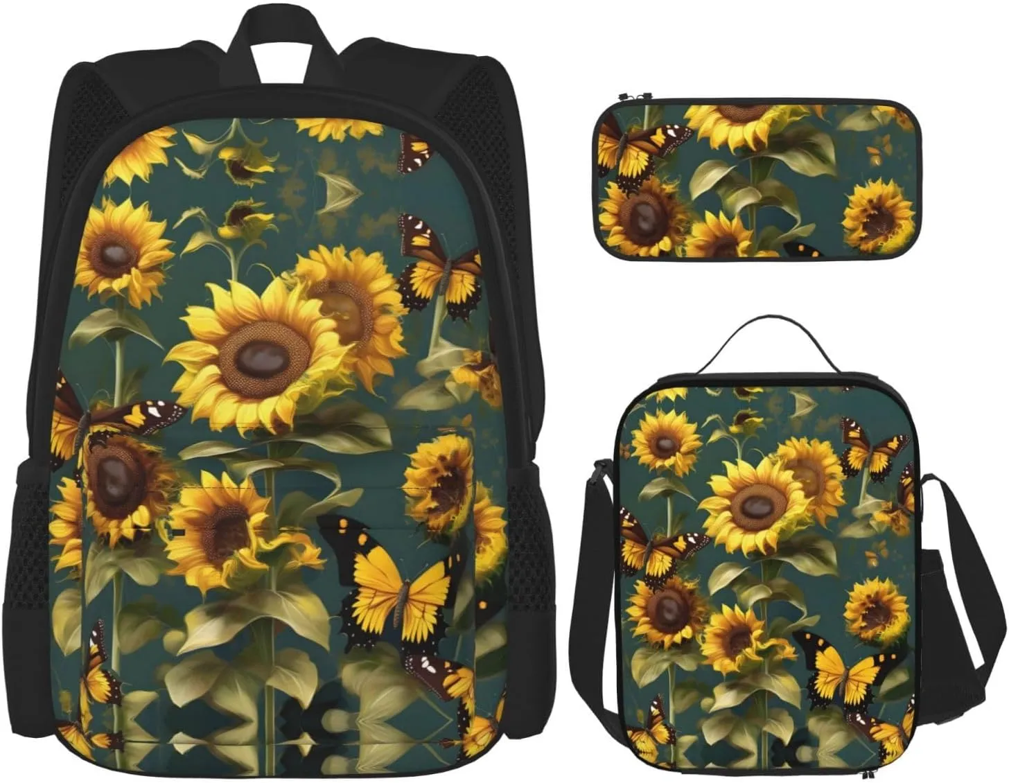 3-In-1 Backpack Bookbag Set,Sunflower Floral Butterflies Print Casual Travel Backpacks,With Pencil Case Pouch, Lunch Bag
