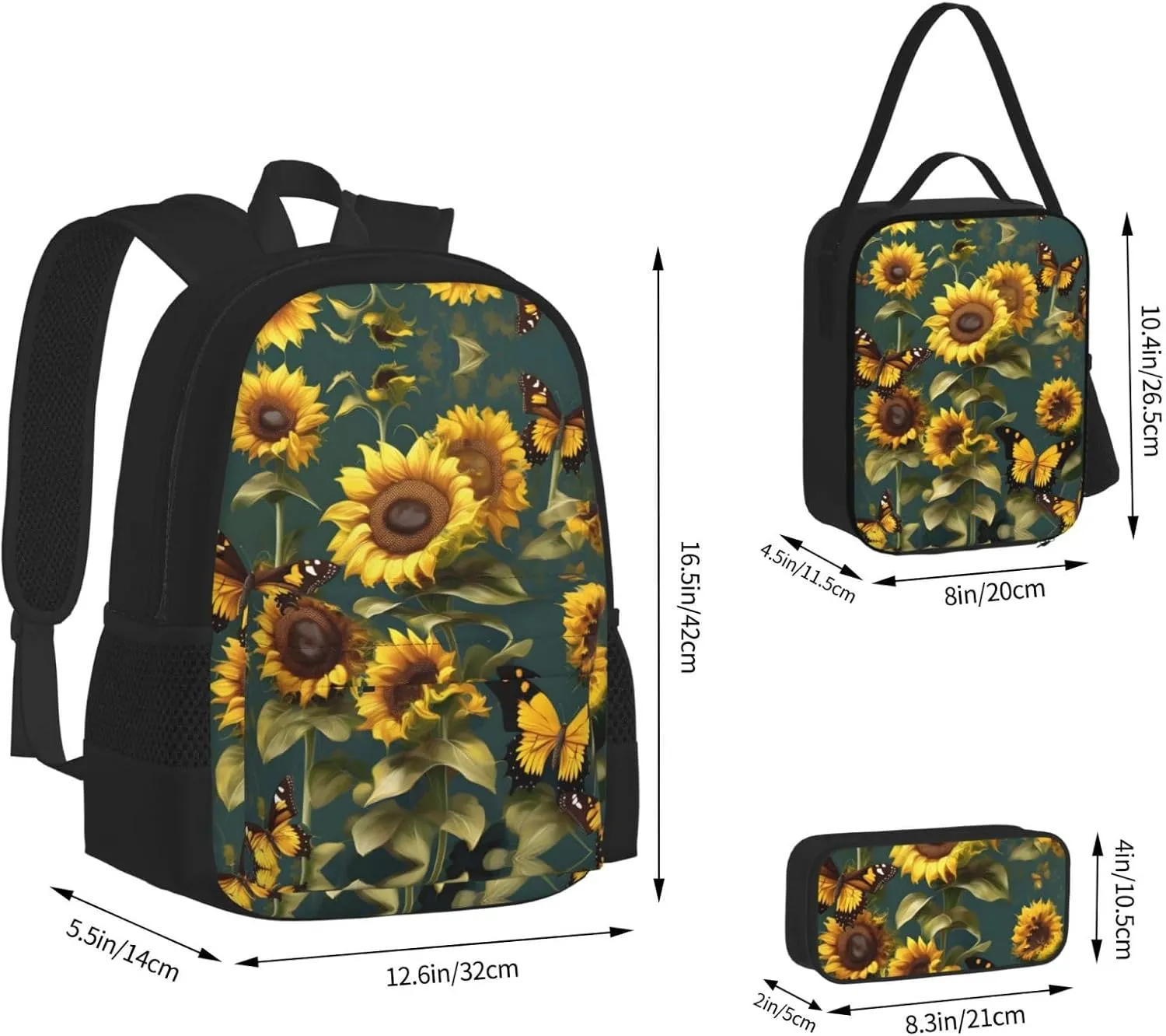 3-In-1 Backpack Bookbag Set,Sunflower Floral Butterflies Print Casual Travel Backpacks,With Pencil Case Pouch, Lunch Bag