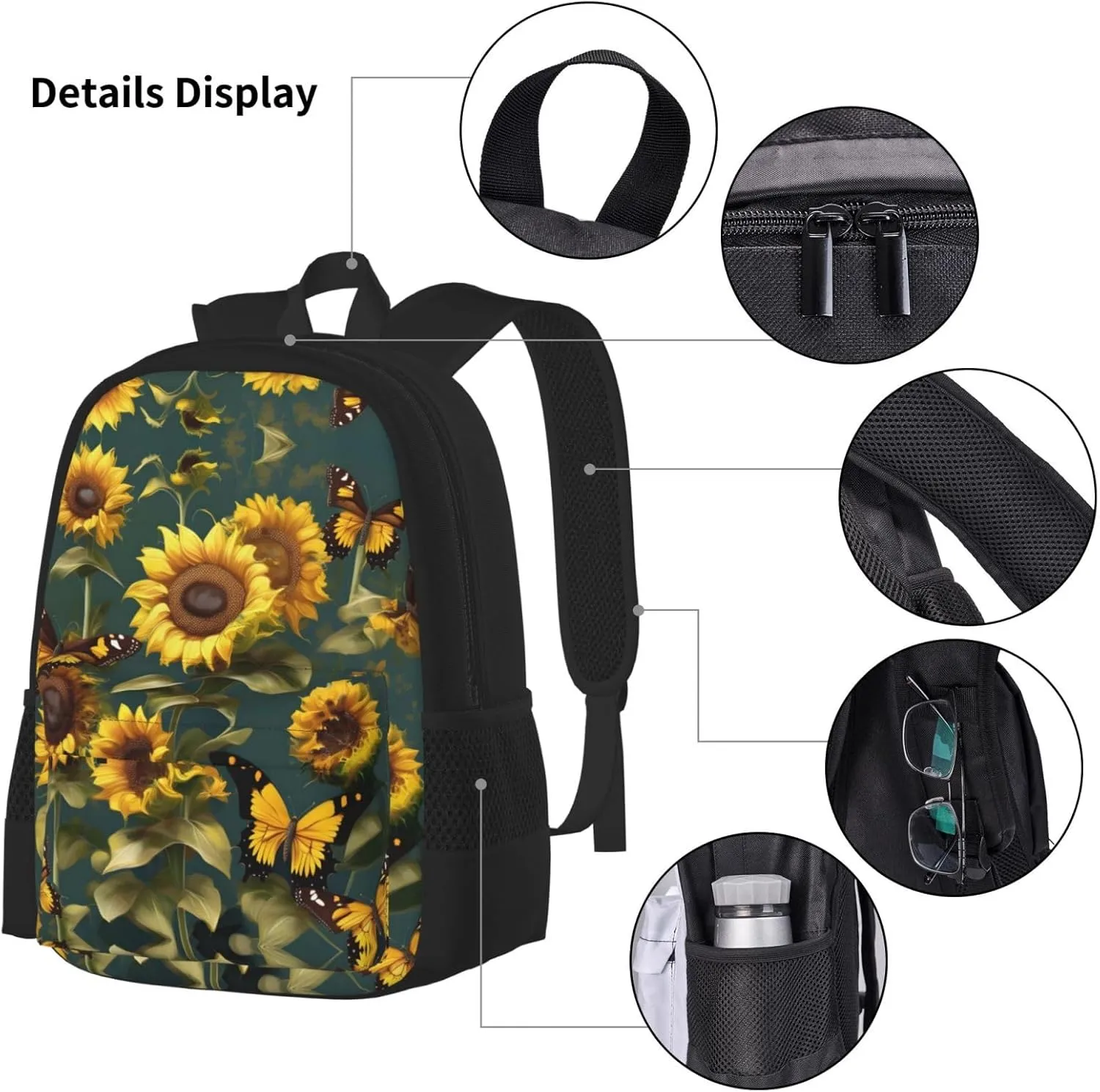3-In-1 Backpack Bookbag Set,Sunflower Floral Butterflies Print Casual Travel Backpacks,With Pencil Case Pouch, Lunch Bag