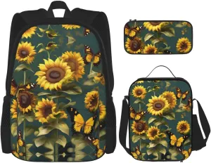 3-In-1 Backpack Bookbag Set,Sunflower Floral Butterflies Print Casual Travel Backpacks,With Pencil Case Pouch, Lunch Bag