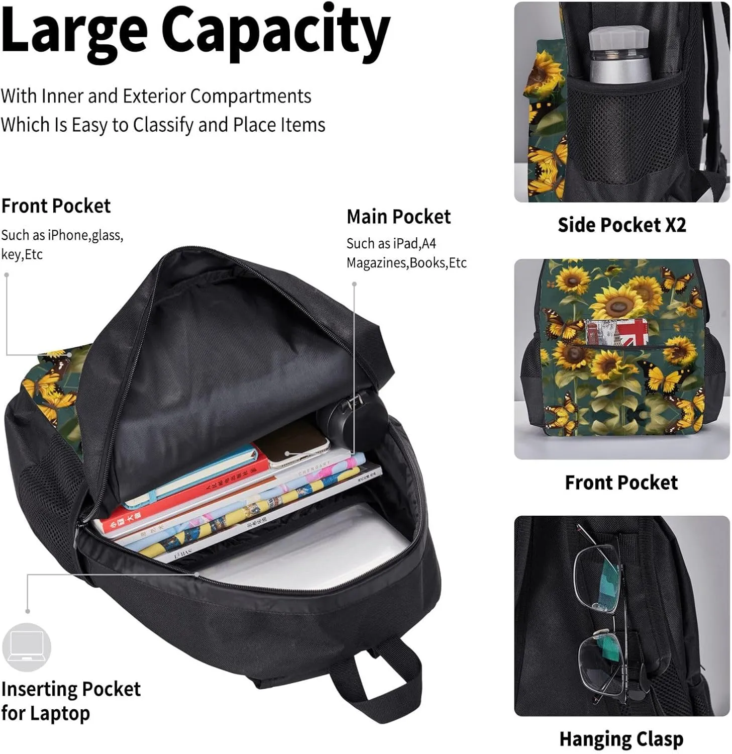 3-In-1 Backpack Bookbag Set,Sunflower Floral Butterflies Print Casual Travel Backpacks,With Pencil Case Pouch, Lunch Bag