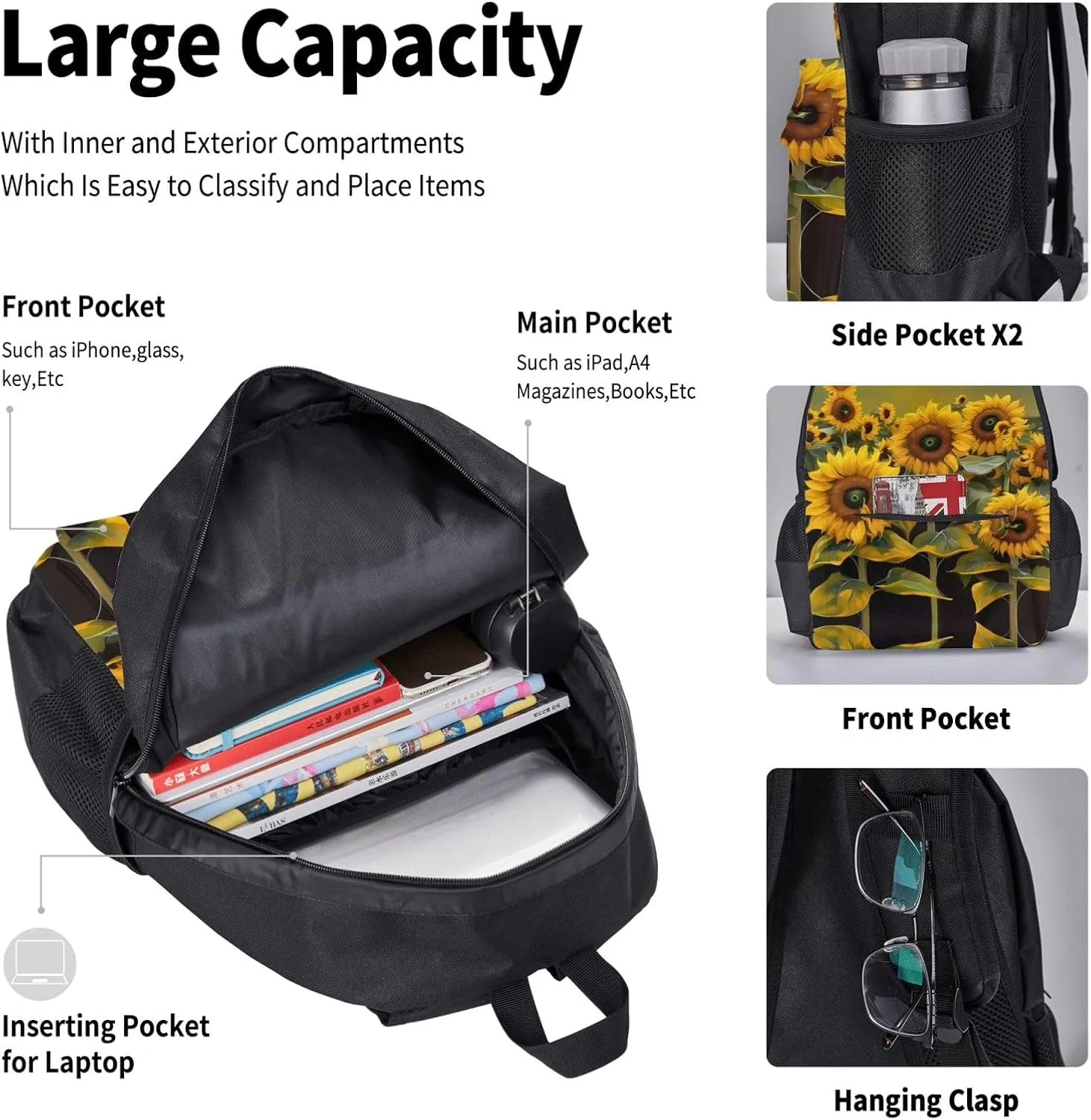 3-In-1 Backpack Bookbag Set,Sunflowers Print Casual Travel Backpacks,With Pencil Case Pouch, Lunch Bag