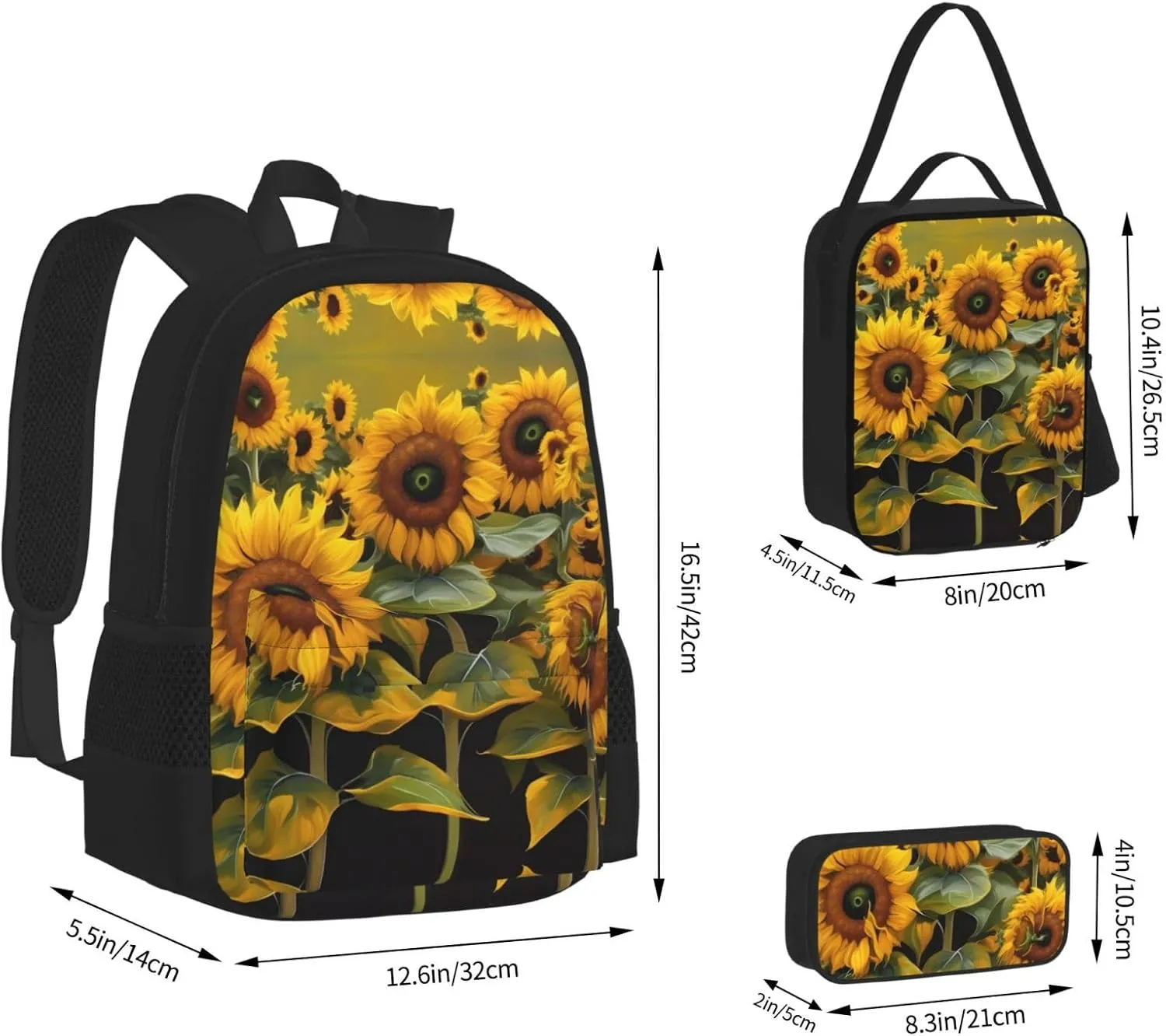 3-In-1 Backpack Bookbag Set,Sunflowers Print Casual Travel Backpacks,With Pencil Case Pouch, Lunch Bag