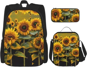 3-In-1 Backpack Bookbag Set,Sunflowers Print Casual Travel Backpacks,With Pencil Case Pouch, Lunch Bag