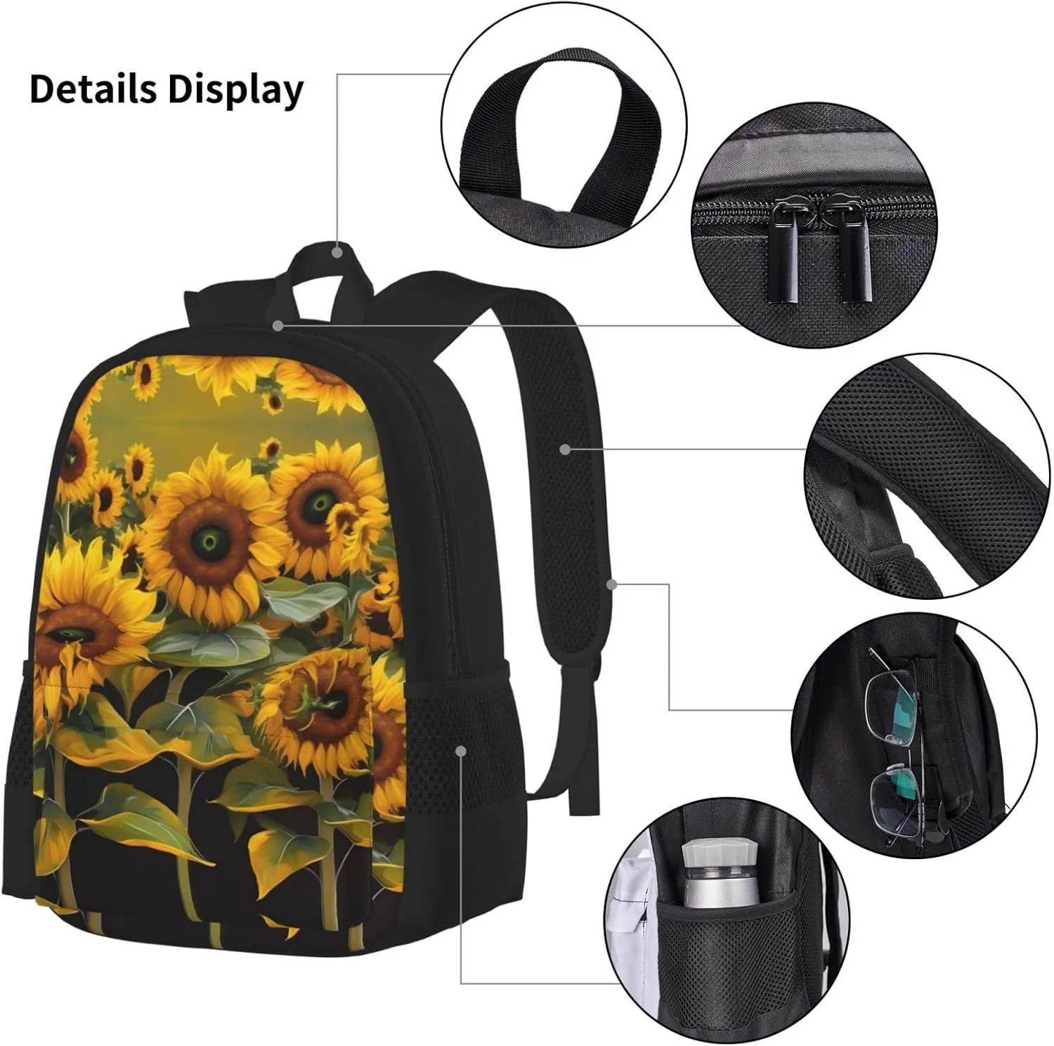 3-In-1 Backpack Bookbag Set,Sunflowers Print Casual Travel Backpacks,With Pencil Case Pouch, Lunch Bag