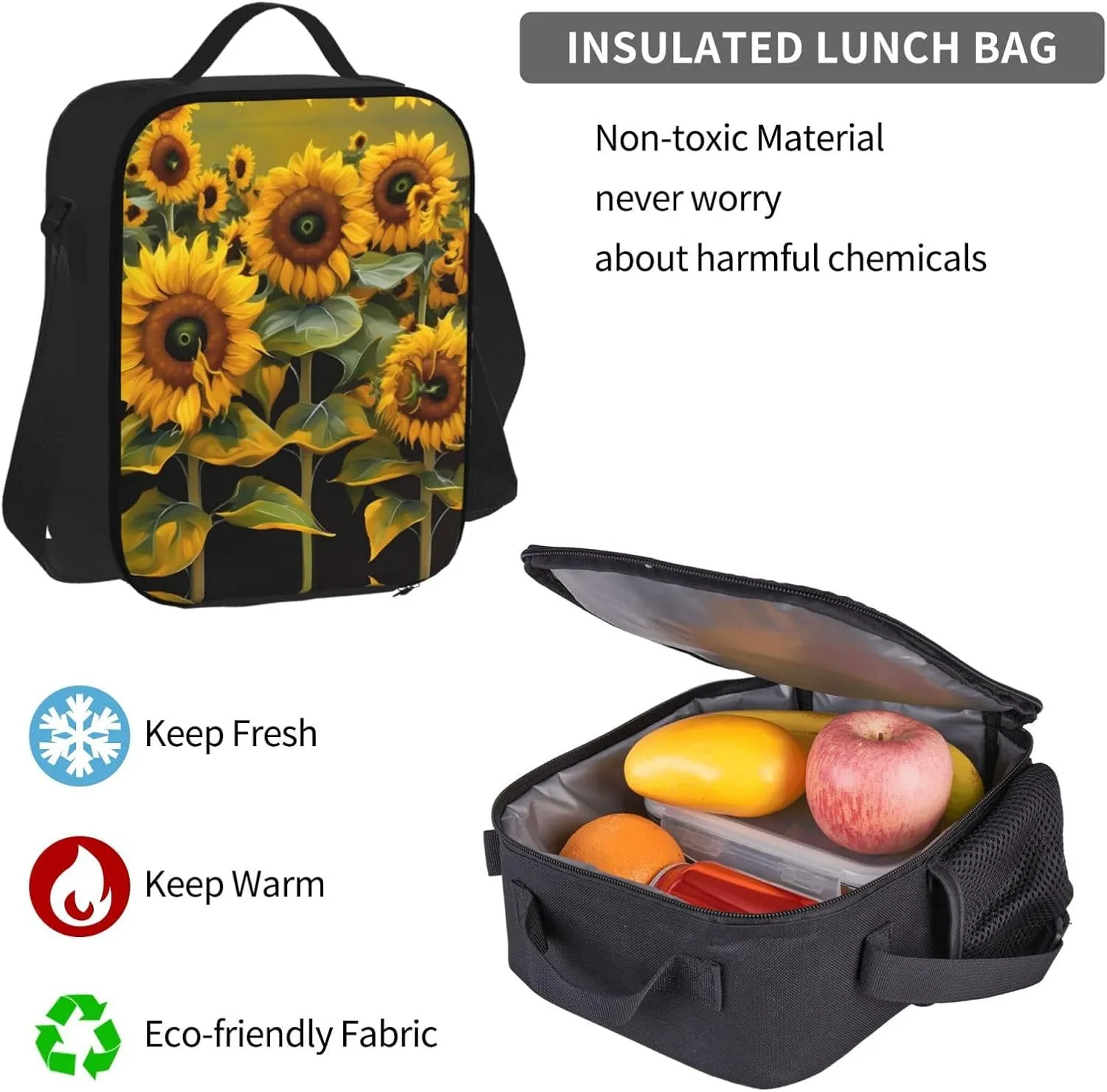 3-In-1 Backpack Bookbag Set,Sunflowers Print Casual Travel Backpacks,With Pencil Case Pouch, Lunch Bag