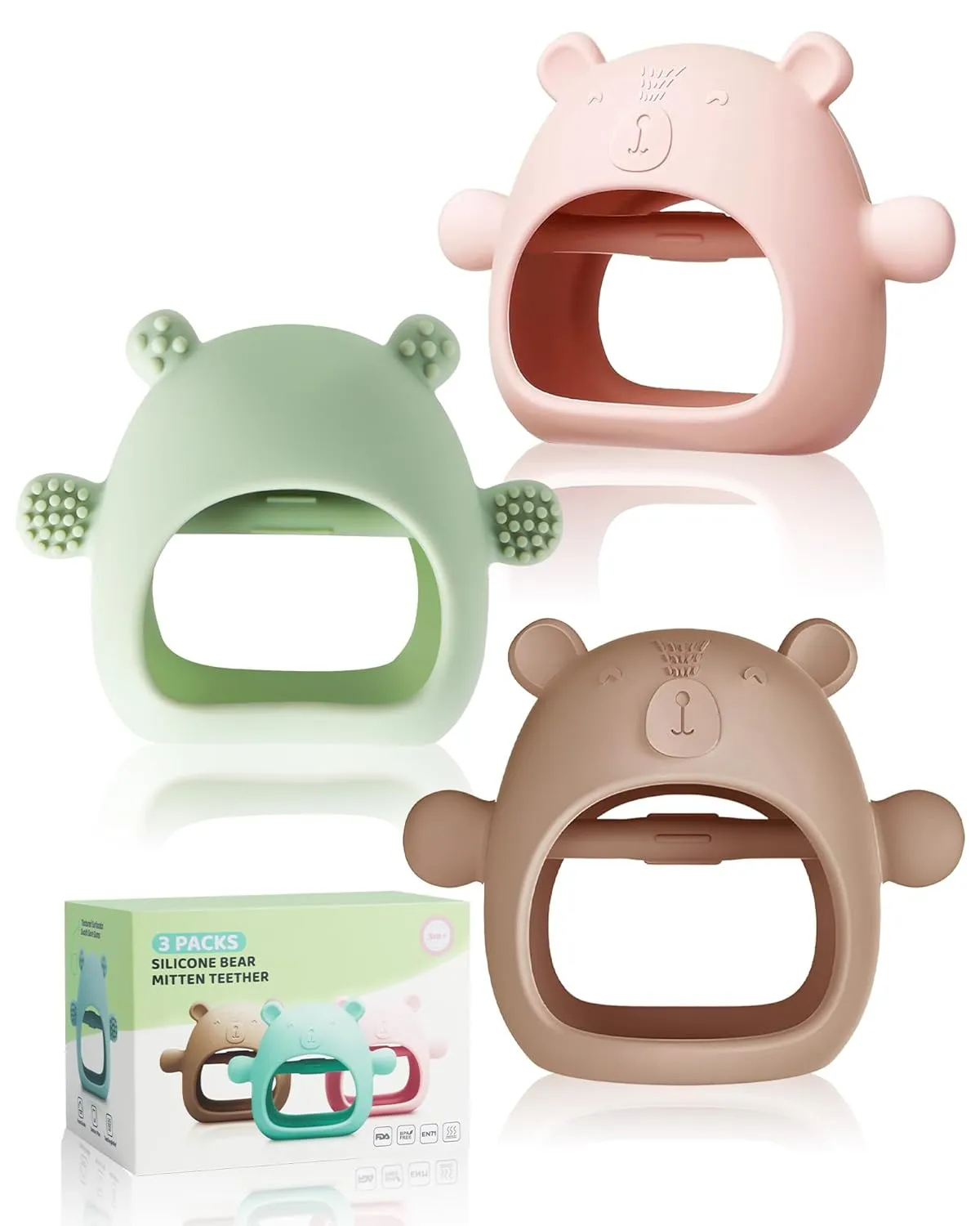 3 Packs Baby Teether for 0-6 6-12 Months, Food Grade Silicone Bear Baby Teething Mittens for Sucking Needs Sensory Exploration, BPA Free