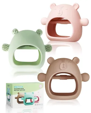 3 Packs Baby Teether for 0-6 6-12 Months, Food Grade Silicone Bear Baby Teething Mittens for Sucking Needs Sensory Exploration, BPA Free