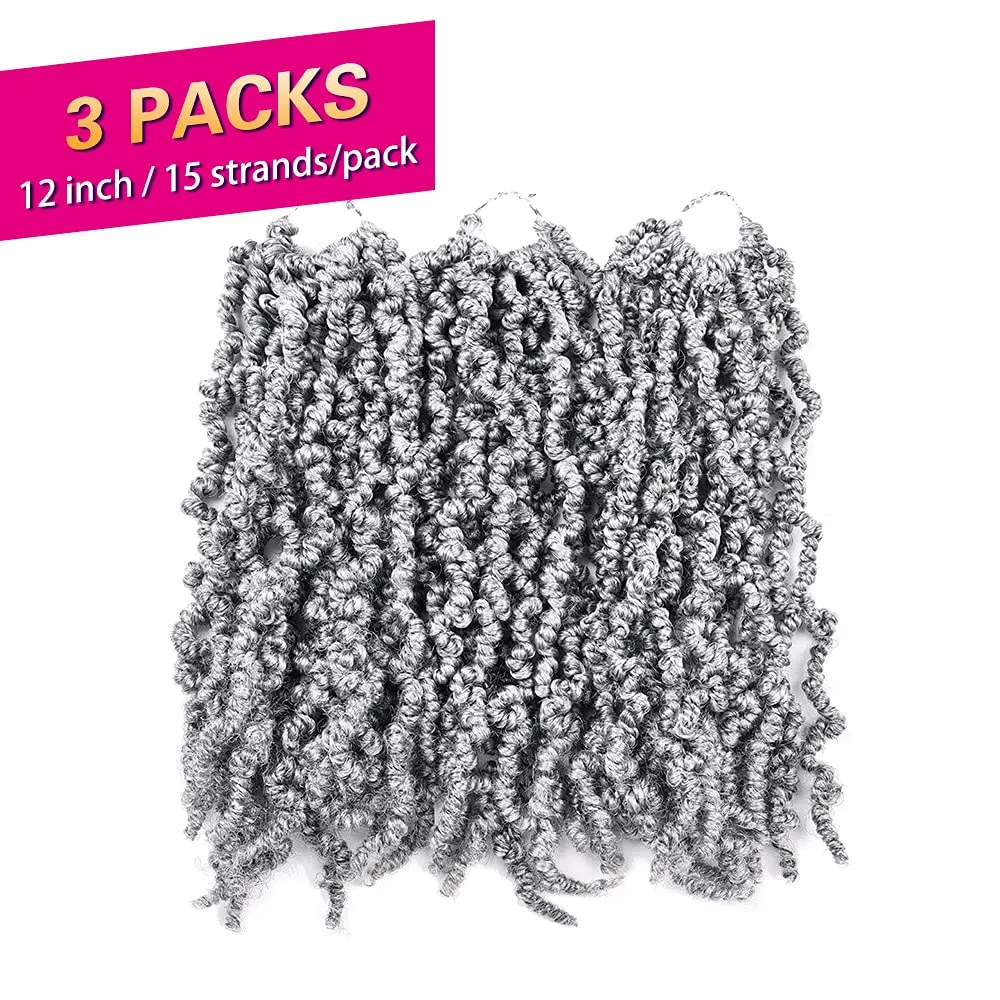 3 Packs Grey Short Curly Spring Pre-twisted Braids Synthetic Crochet Hair Extensions 12 inch 15 strands/pack Ombre Bomb Crochet Twist Braids Fiber Fluffy Curly Twist Braiding Hair Bulk (Grey#)
