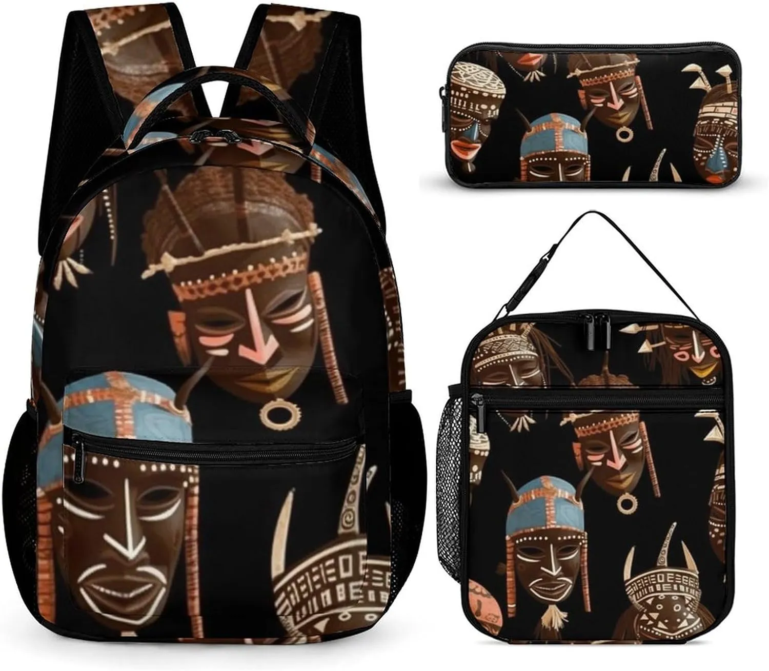 3 Pcs Backpack Set African Ritual Ethnic Tribal Travel Bag Portable Casual Daypack Sports Backpacks with Lunch Box Pencil Case