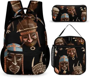 3 Pcs Backpack Set African Ritual Ethnic Tribal Travel Bag Portable Casual Daypack Sports Backpacks with Lunch Box Pencil Case