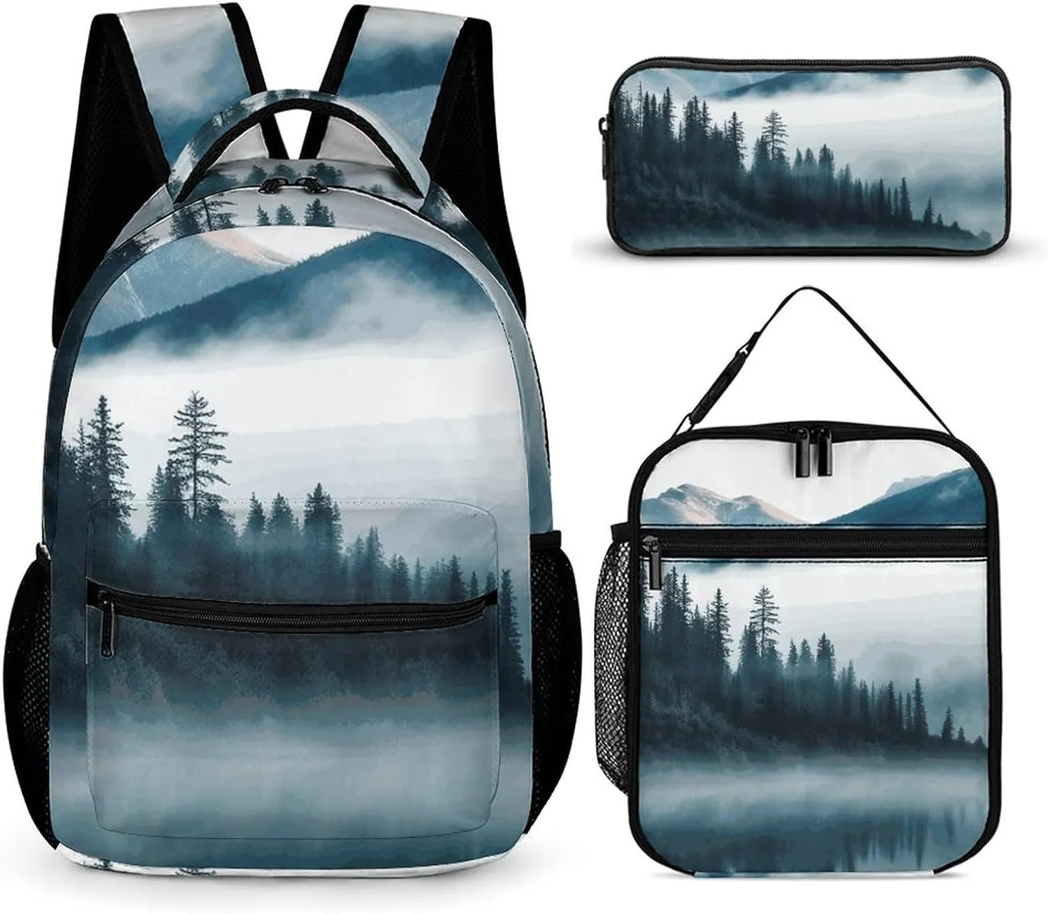 3 Pcs Backpack Set Foggy Mountains Landscape Travel Bag Portable Casual Daypack Sports Backpacks with Lunch Box Pencil Case