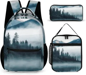 3 Pcs Backpack Set Foggy Mountains Landscape Travel Bag Portable Casual Daypack Sports Backpacks with Lunch Box Pencil Case