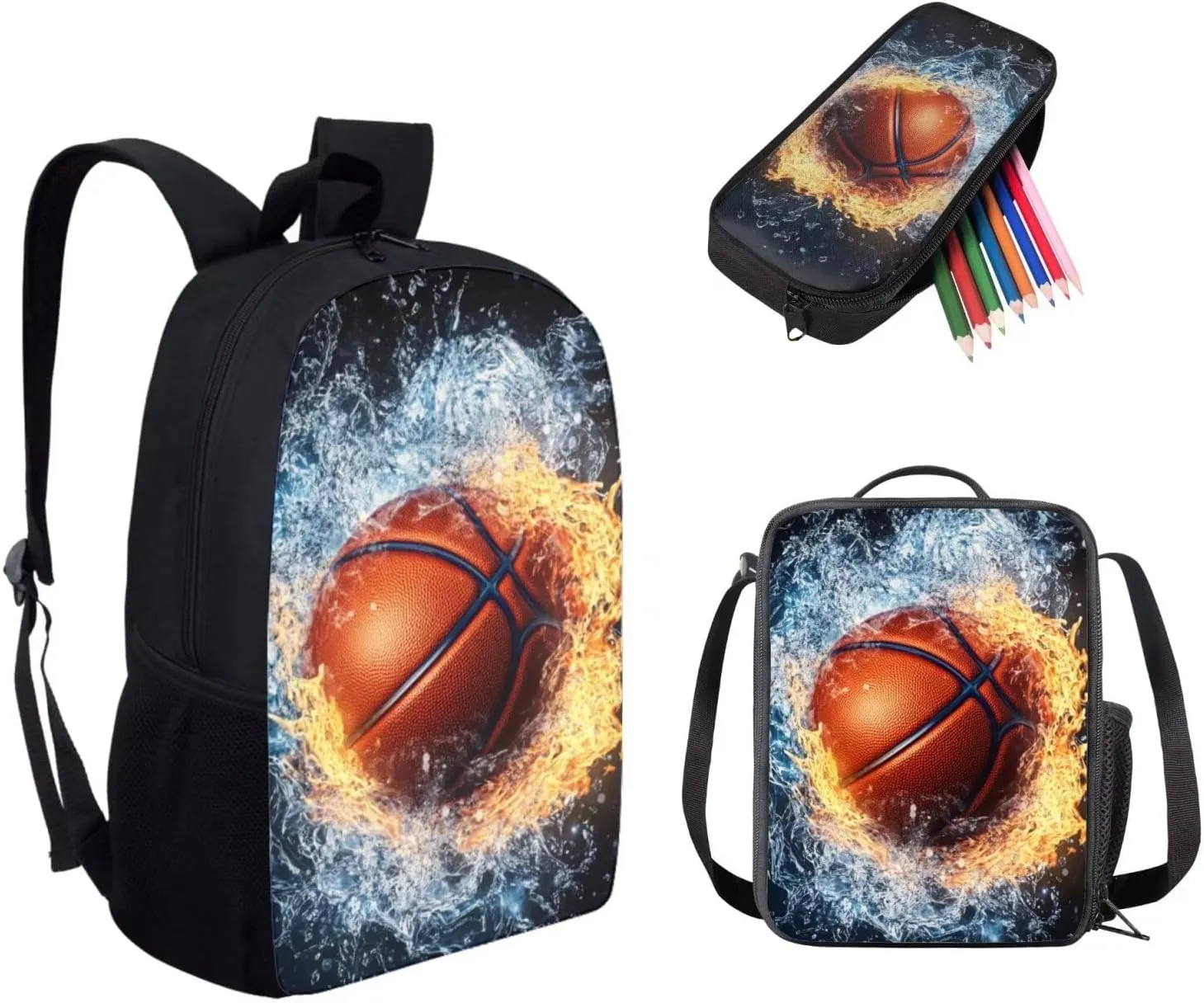 3 PCS Basketball Backpack for Boys Elementary School Backpack for Boys 17 Inch Knapsack Rucksack Lunch Box with Thermal Insulated Pen Case, Black
