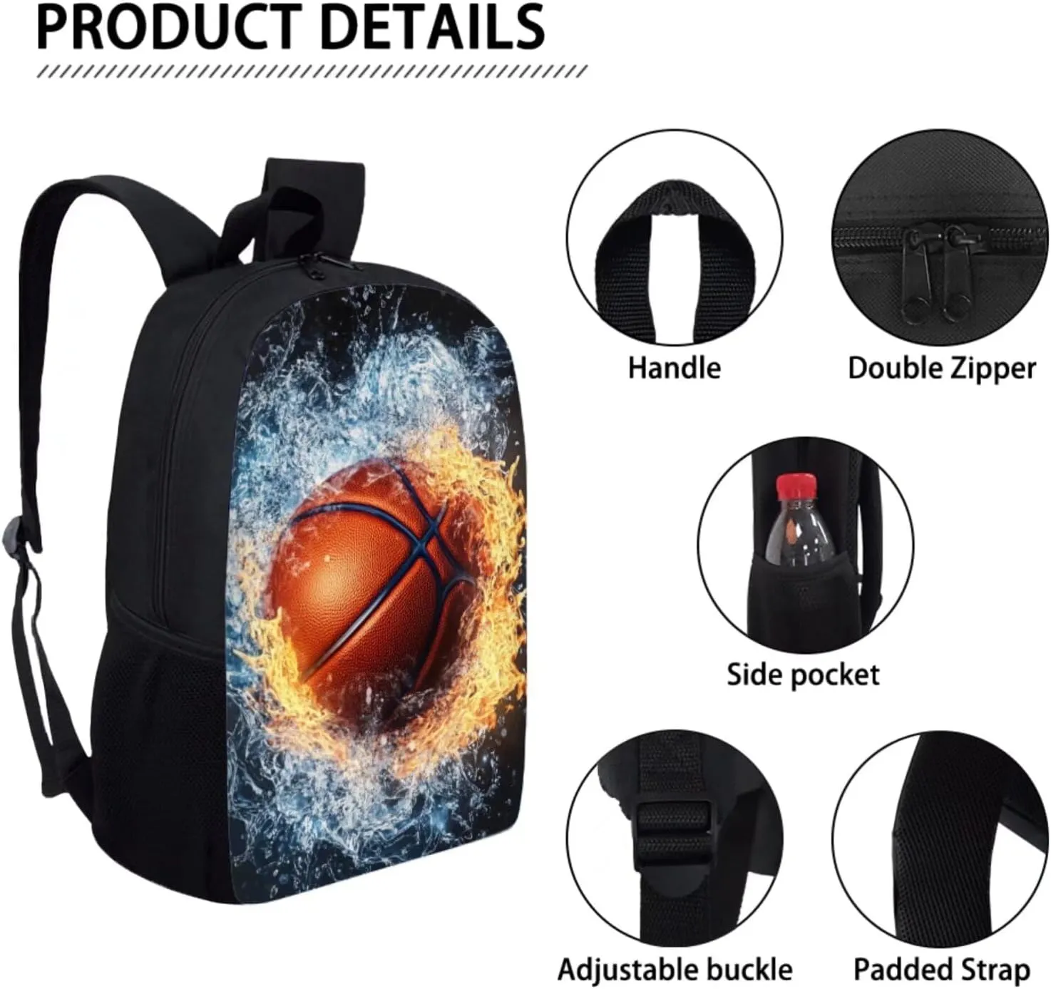 3 PCS Basketball Backpack for Boys Elementary School Backpack for Boys 17 Inch Knapsack Rucksack Lunch Box with Thermal Insulated Pen Case, Black