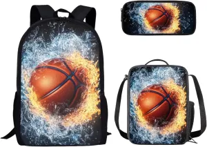 3 PCS Basketball Backpack for Boys Elementary School Backpack for Boys 17 Inch Knapsack Rucksack Lunch Box with Thermal Insulated Pen Case, Black