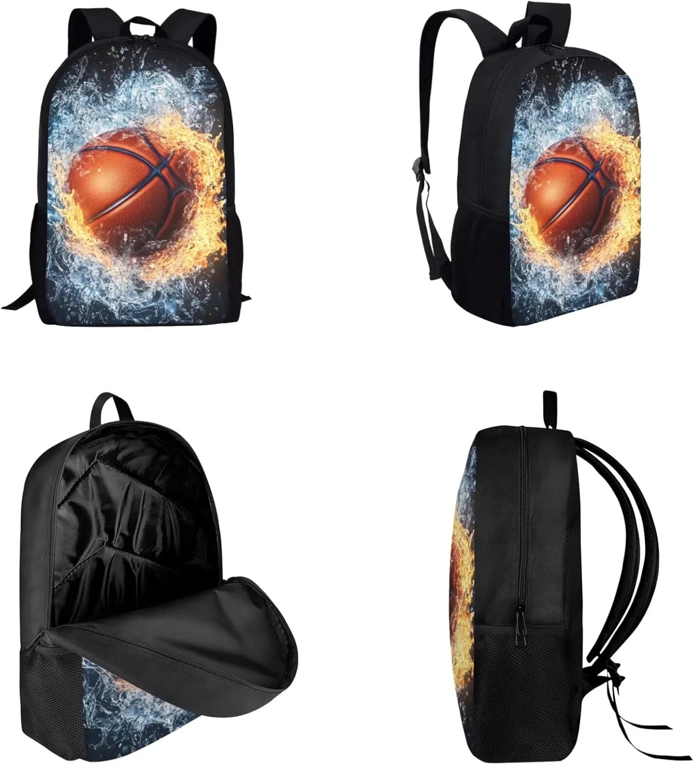 3 PCS Basketball Backpack for Boys Elementary School Backpack for Boys 17 Inch Knapsack Rucksack Lunch Box with Thermal Insulated Pen Case, Black