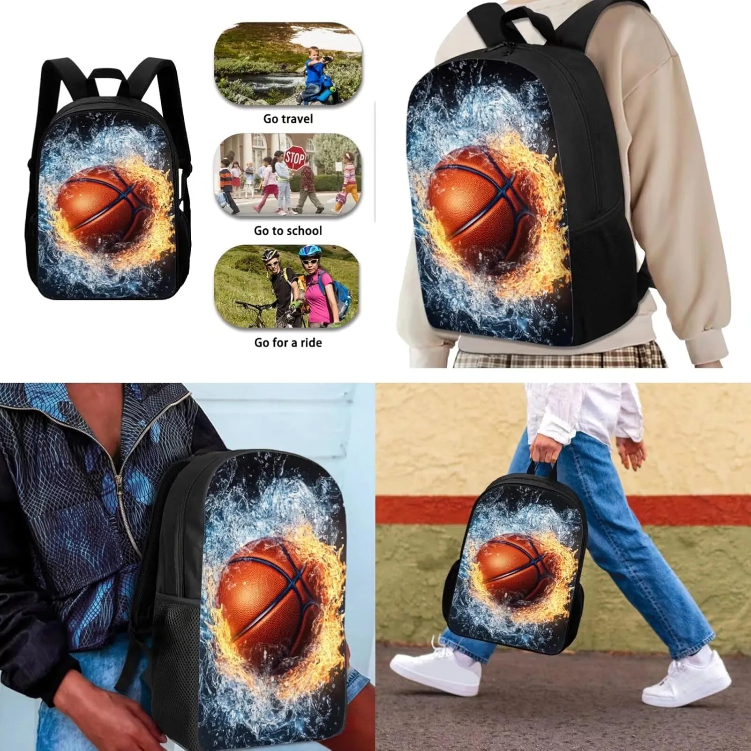 3 PCS Basketball Backpack for Boys Elementary School Backpack for Boys 17 Inch Knapsack Rucksack Lunch Box with Thermal Insulated Pen Case, Black