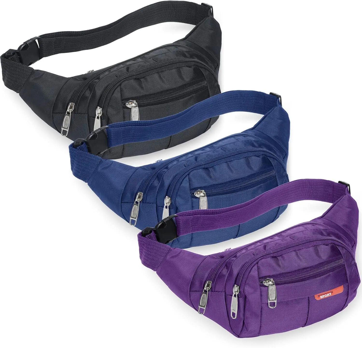3 Pcs Fanny Packs Crossbody Waist Bags for Women Men Crossbody Waterproof Fanny Pack Belt Bag for Travel Walking Running Hiking Cycling Outdoor Easy Carry Any Phone, Wallet (Black, Purple, Navy Blue)