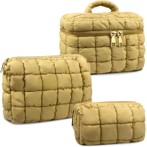 3 Pcs Quilted Puffy Makeup Bags Cosmetic Organizer Travel Toiletry Bag Cute Portable Zipper Purses for Her Essentials Gift Ideas