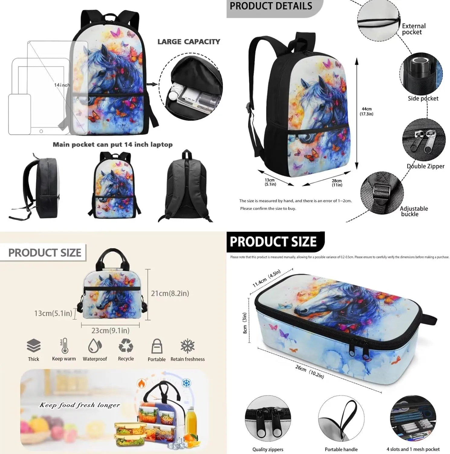 3 Piece Horse Bookbag and Lunchbox Set for 1st Grade Girls Ages 6-7 Ergonomic Elementary School Backpack with Lunch Bag 17 Inch Lightweight