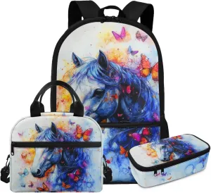 3 Piece Horse Bookbag and Lunchbox Set for 1st Grade Girls Ages 6-7 Ergonomic Elementary School Backpack with Lunch Bag 17 Inch Lightweight