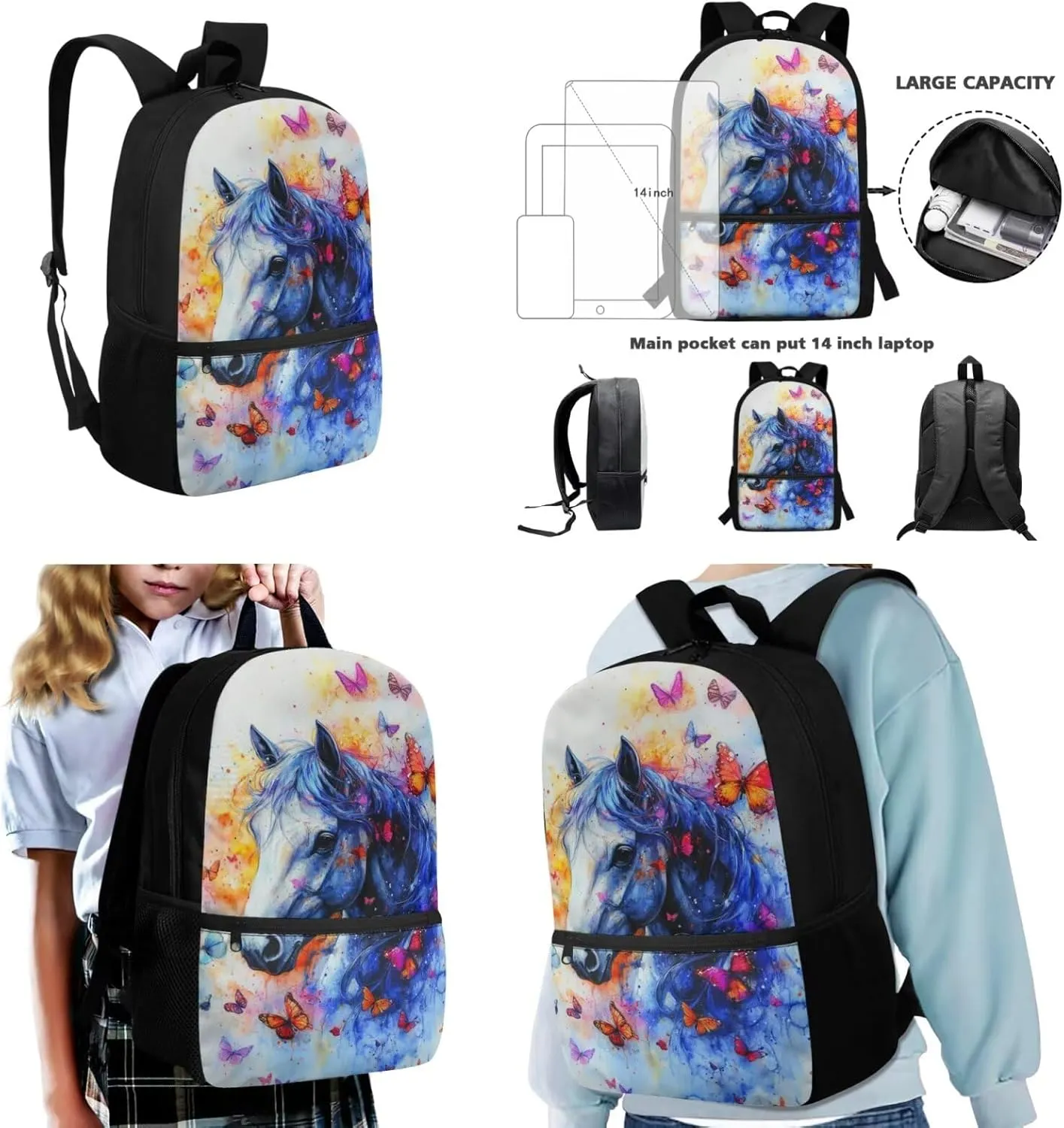 3 Piece Horse Bookbag and Lunchbox Set for 1st Grade Girls Ages 6-7 Ergonomic Elementary School Backpack with Lunch Bag 17 Inch Lightweight