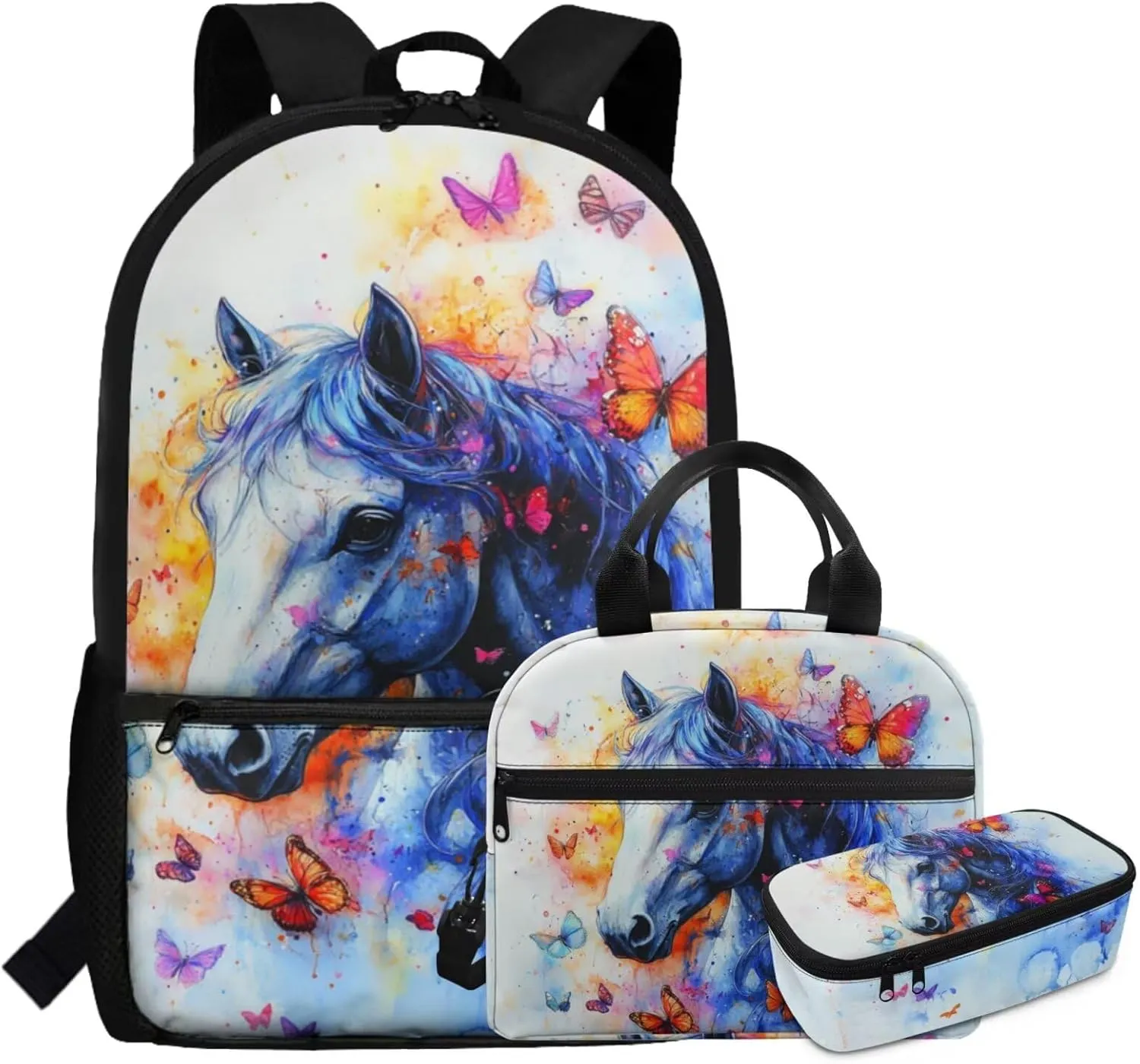 3 Piece Horse Bookbag and Lunchbox Set for 1st Grade Girls Ages 6-7 Ergonomic Elementary School Backpack with Lunch Bag 17 Inch Lightweight