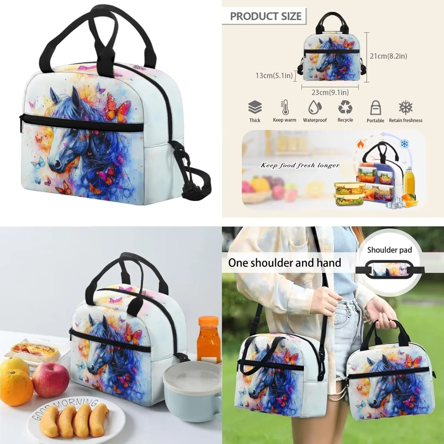 3 Piece Horse Bookbag and Lunchbox Set for 1st Grade Girls Ages 6-7 Ergonomic Elementary School Backpack with Lunch Bag 17 Inch Lightweight