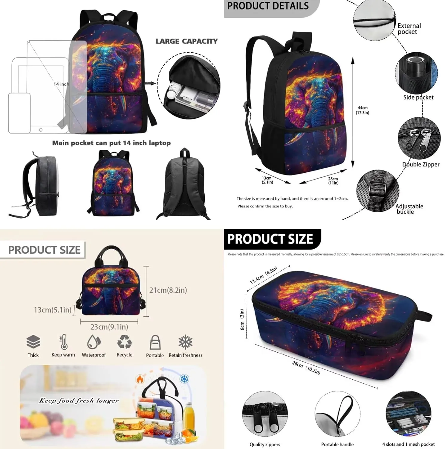 3 Piece Kids Elephant Backpack Set for Boys with Lunch Box Lightweight Ergonomic School Bookbag Spacious Cool Grade 5 Backpacks for Elementary Students Age 10-11