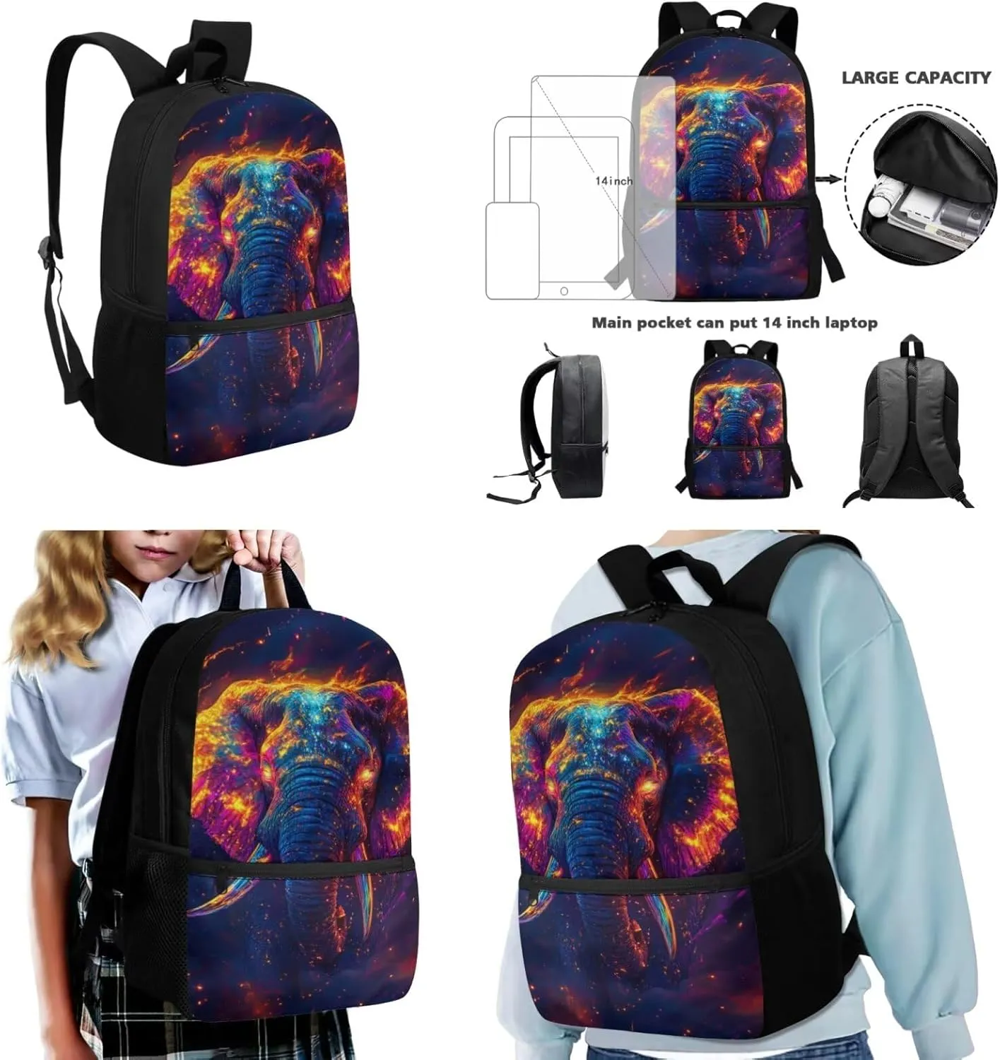 3 Piece Kids Elephant Backpack Set for Boys with Lunch Box Lightweight Ergonomic School Bookbag Spacious Cool Grade 5 Backpacks for Elementary Students Age 10-11