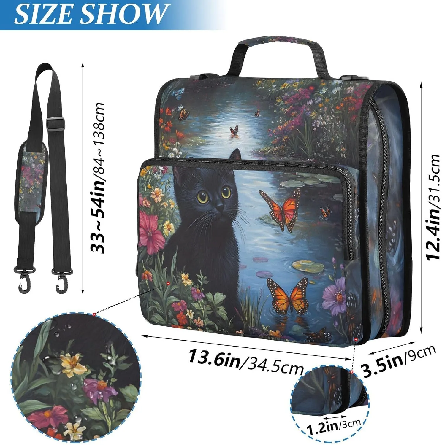 3 Ring Binder Zipper Binders Black Cat by The Lake Trapper Keeper Expanding File Folder Bag with Shoulder Strap