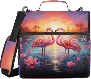 3 Ring Binder Zipper Binders Flamingos in Lotus Pond Trapper Keeper Expanding File Folder Bag with Shoulder Strap