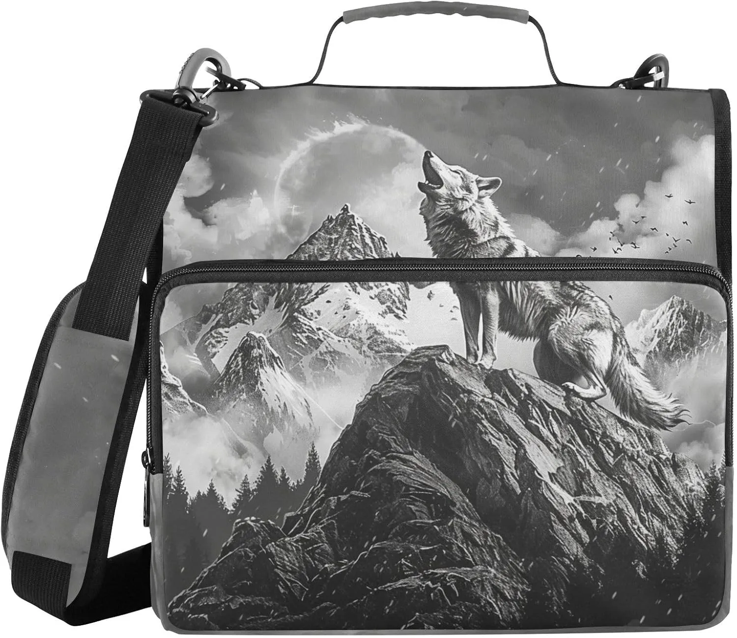 3 Ring Binder Zipper Binders Wolf Roars Trapper Keeper Expanding File Folder Bag with Shoulder Strap