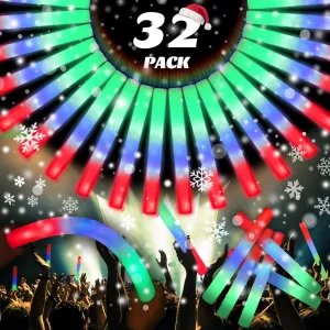 32 PACKS 15.7 inch Foam Glow Sticks Bulk, 3 Color LED Light Foam Sticks, Glow In The Dark Party Supplies, 3 Modes Colorful Flashing for Christmas (Christmas Color),Christmas Night Lights,Birthday