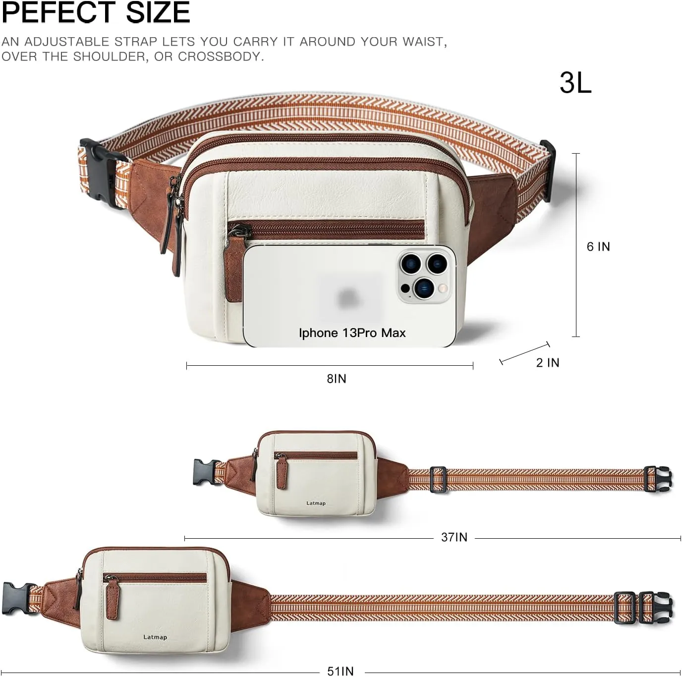 3L TRIPLE ZIP Fanny Packs Belt Bag For Women Men Crossbody Waist Pack Sling Chest Bum Travel Bag Purse Faux Leather Fashion Cute Beige