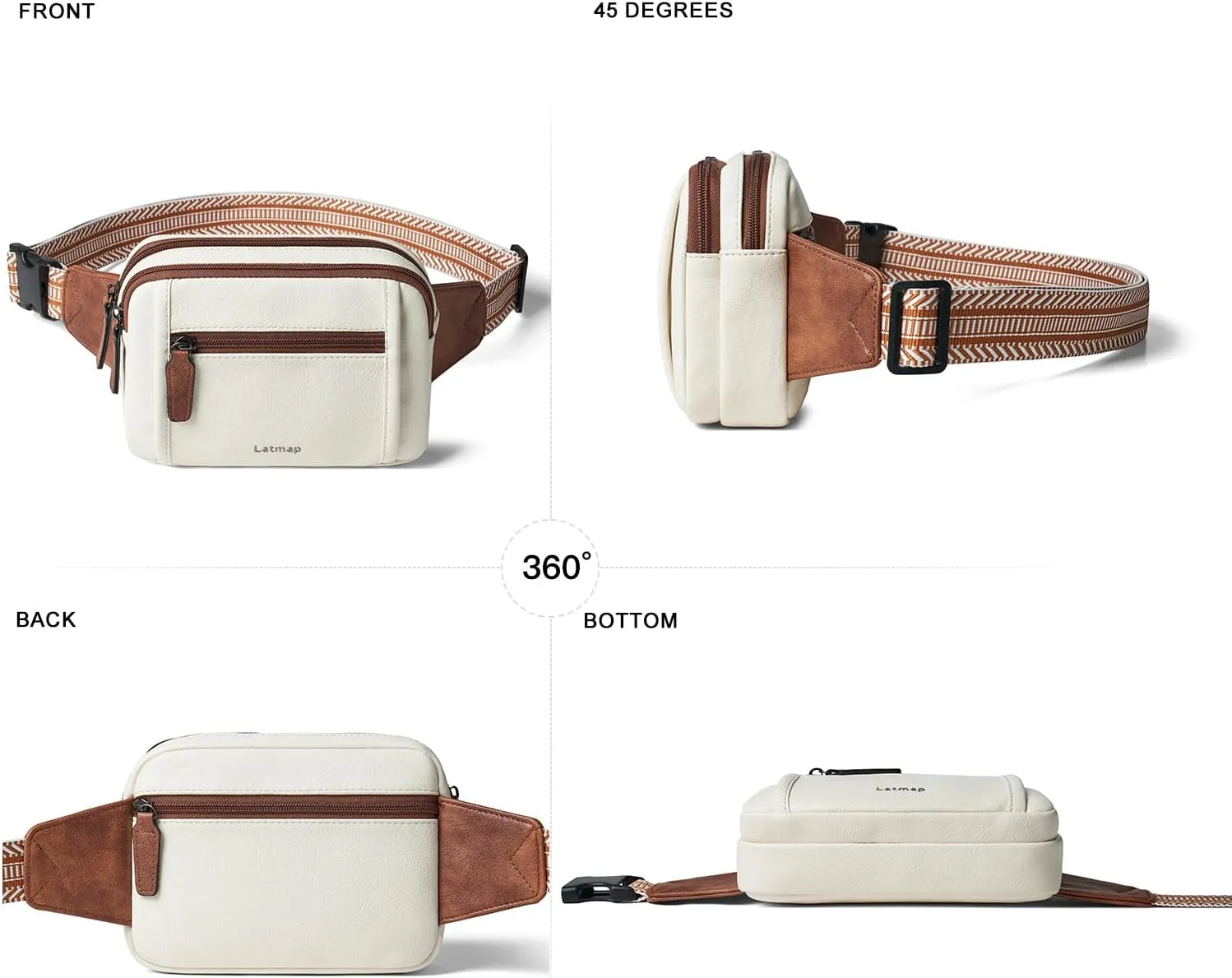 3L TRIPLE ZIP Fanny Packs Belt Bag For Women Men Crossbody Waist Pack Sling Chest Bum Travel Bag Purse Faux Leather Fashion Cute Beige