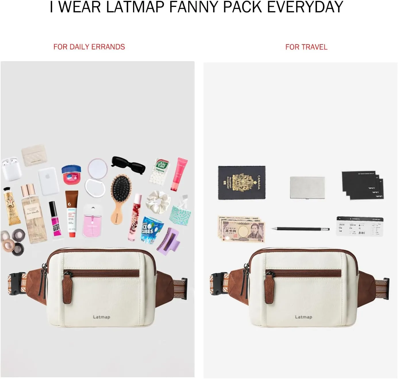 3L TRIPLE ZIP Fanny Packs Belt Bag For Women Men Crossbody Waist Pack Sling Chest Bum Travel Bag Purse Faux Leather Fashion Cute Beige