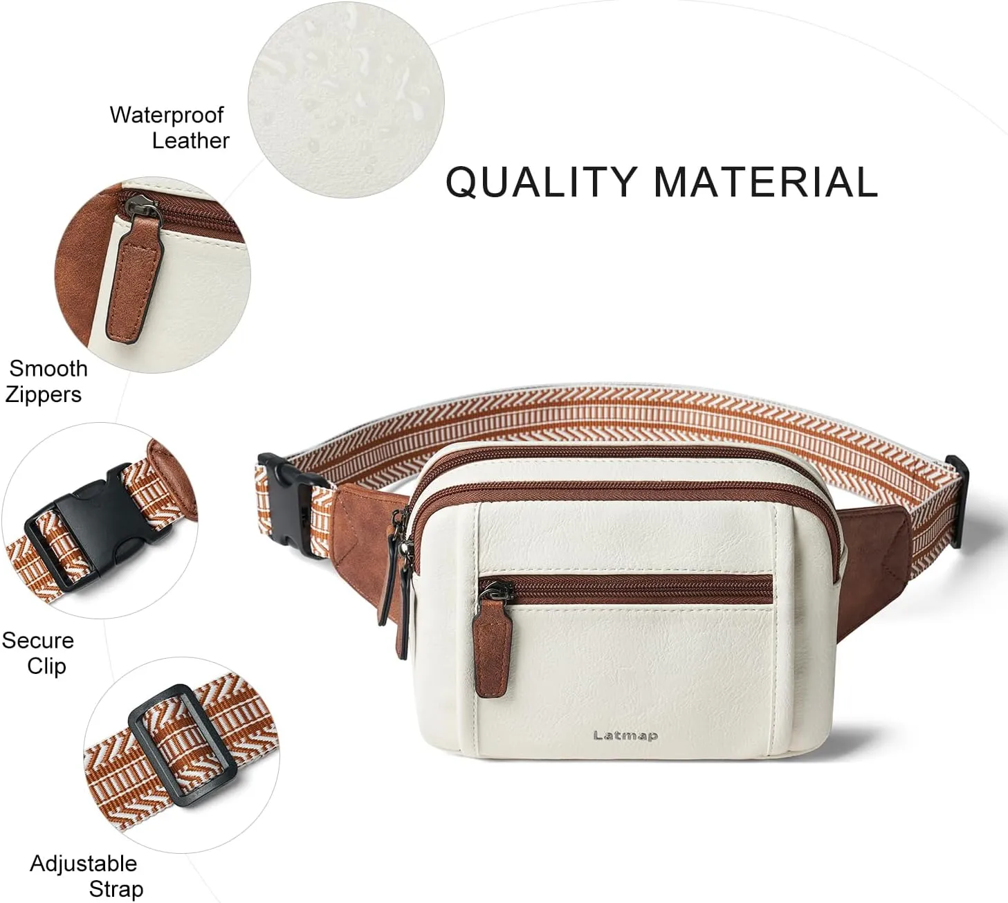 3L TRIPLE ZIP Fanny Packs Belt Bag For Women Men Crossbody Waist Pack Sling Chest Bum Travel Bag Purse Faux Leather Fashion Cute Beige