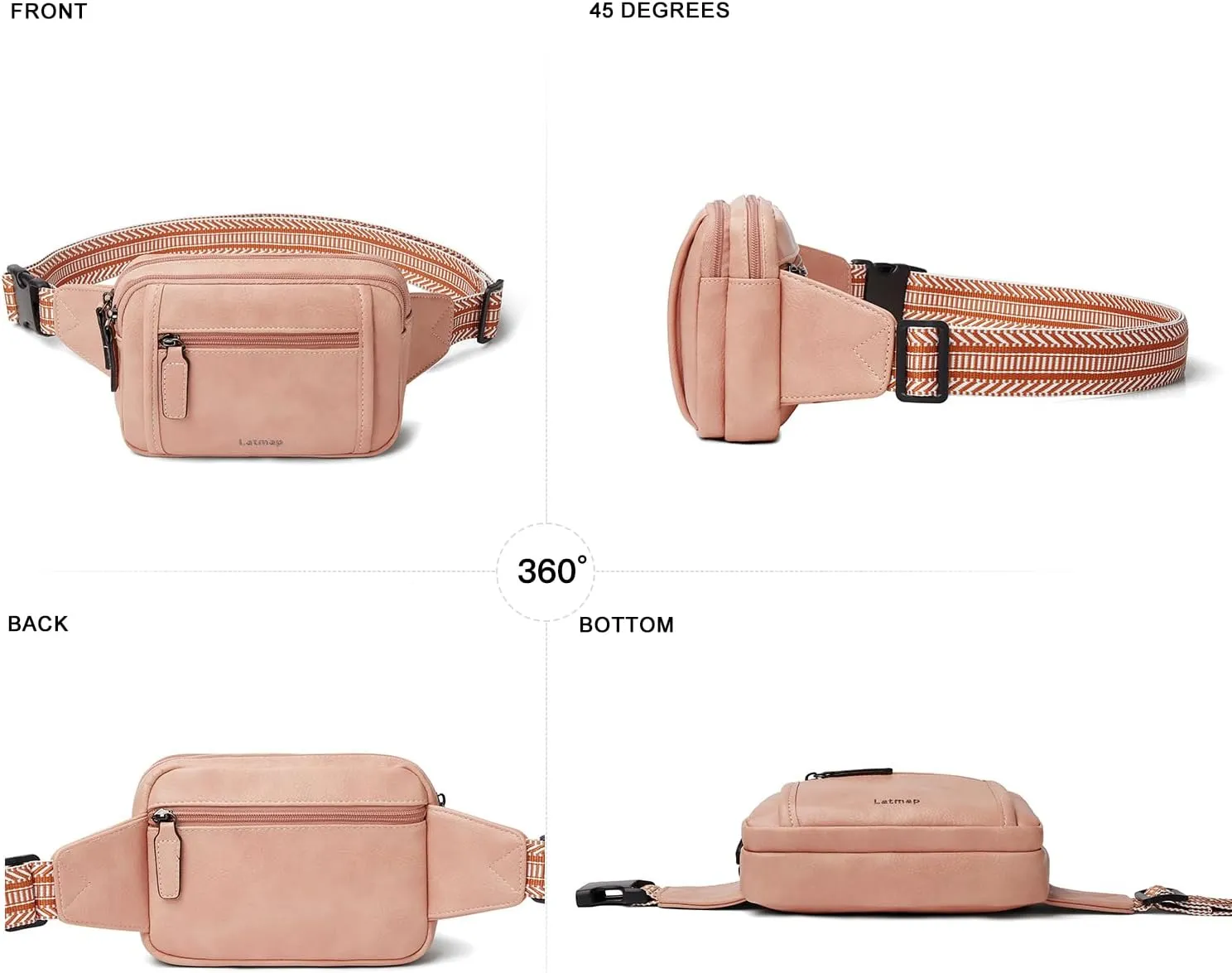 3L TRIPLE ZIP Fanny Packs Belt Bag For Women Men Crossbody Waist Pack Sling Chest Bum Travel Bag Purse Faux Leather Fashion Cute Light Pink