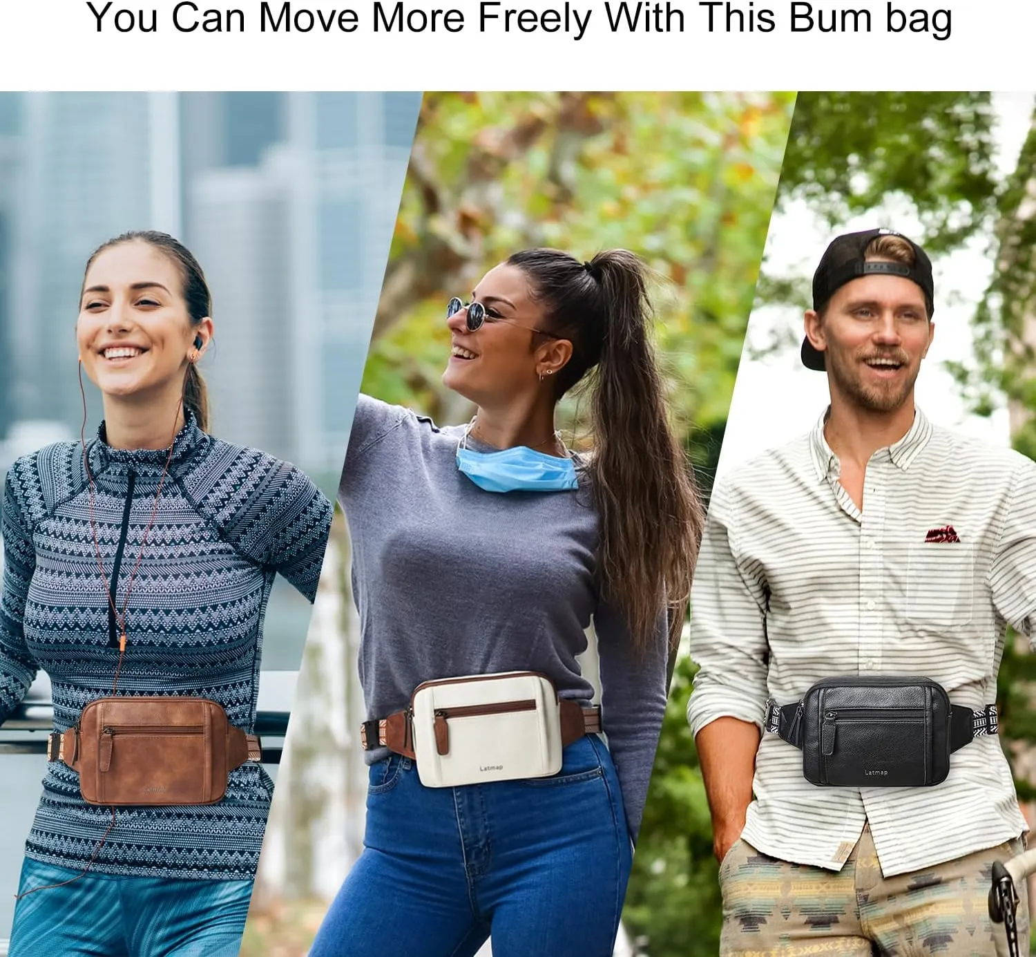 3L TRIPLE ZIP Fanny Packs Belt Bag For Women Men Crossbody Waist Pack Sling Chest Bum Travel Bag Purse Faux Leather Fashion Cute Light Pink