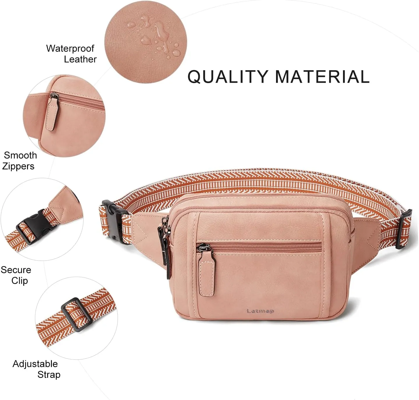 3L TRIPLE ZIP Fanny Packs Belt Bag For Women Men Crossbody Waist Pack Sling Chest Bum Travel Bag Purse Faux Leather Fashion Cute Light Pink