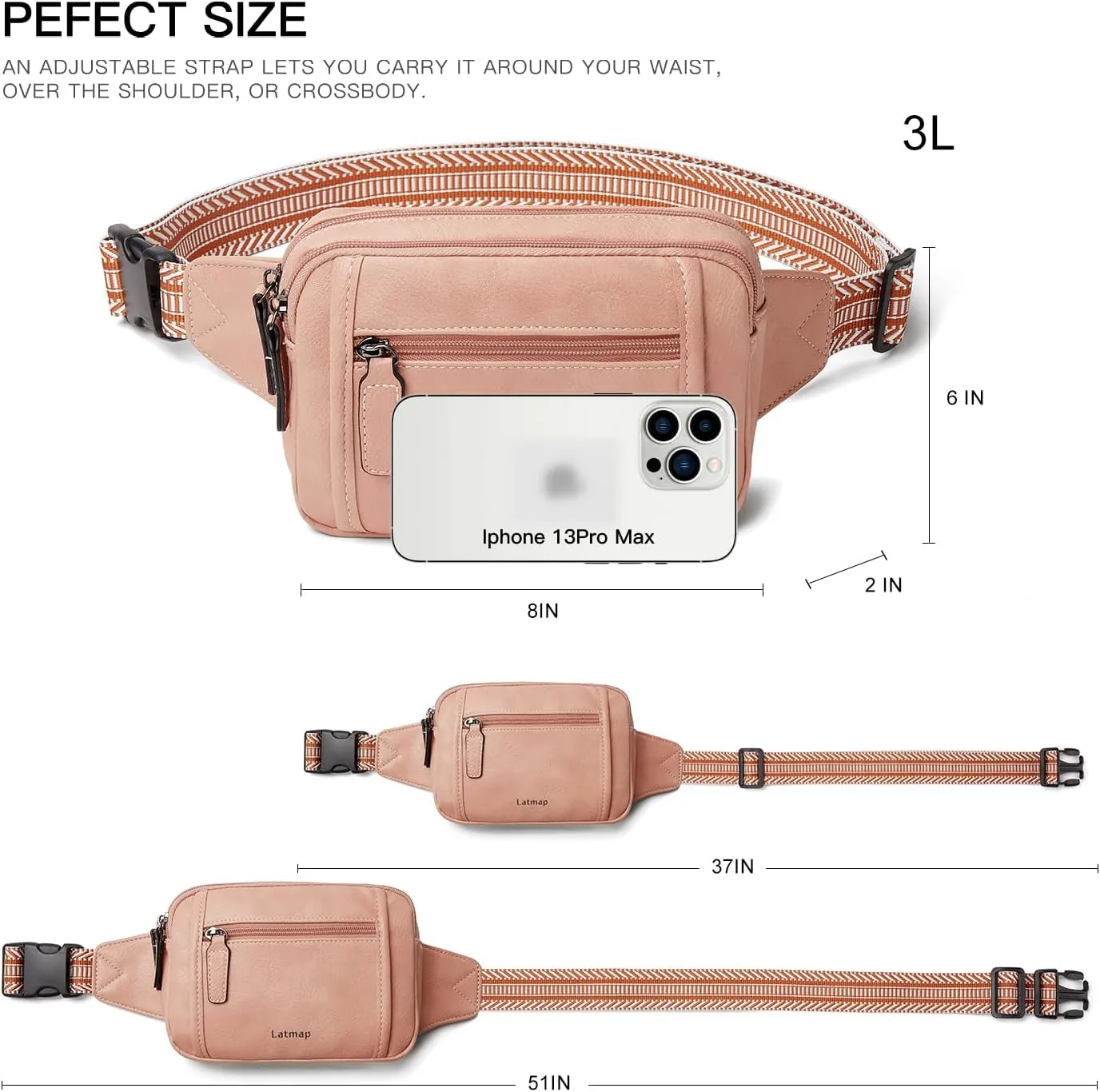 3L TRIPLE ZIP Fanny Packs Belt Bag For Women Men Crossbody Waist Pack Sling Chest Bum Travel Bag Purse Faux Leather Fashion Cute Light Pink