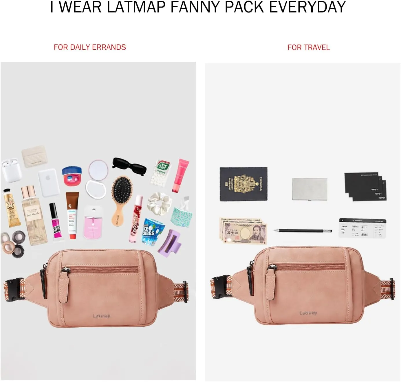 3L TRIPLE ZIP Fanny Packs Belt Bag For Women Men Crossbody Waist Pack Sling Chest Bum Travel Bag Purse Faux Leather Fashion Cute Light Pink