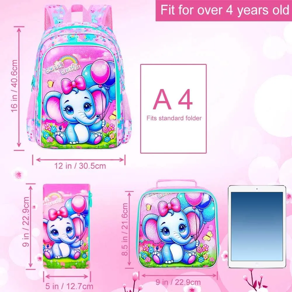 3PCS Backpack for Girls, 16'' Kids Elephant Bookbag with Lunch Box, Cute Animal Water Resistant School Bag Set for Elementary Kindergarten Preschool