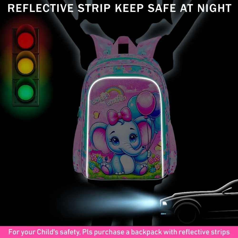3PCS Backpack for Girls, 16'' Kids Elephant Bookbag with Lunch Box, Cute Animal Water Resistant School Bag Set for Elementary Kindergarten Preschool