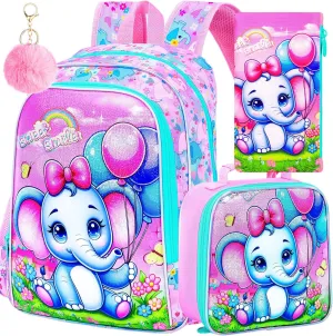 3PCS Backpack for Girls, 16'' Kids Elephant Bookbag with Lunch Box, Cute Animal Water Resistant School Bag Set for Elementary Kindergarten Preschool